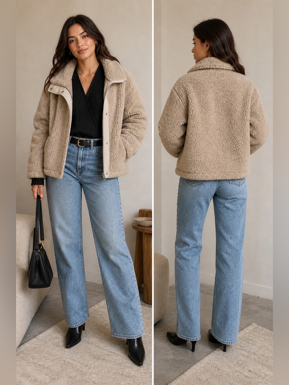 Cozy Sherpa Teddy Jacket Beige Zip Front Fleece Coat Women’s - Picture 4 of 4